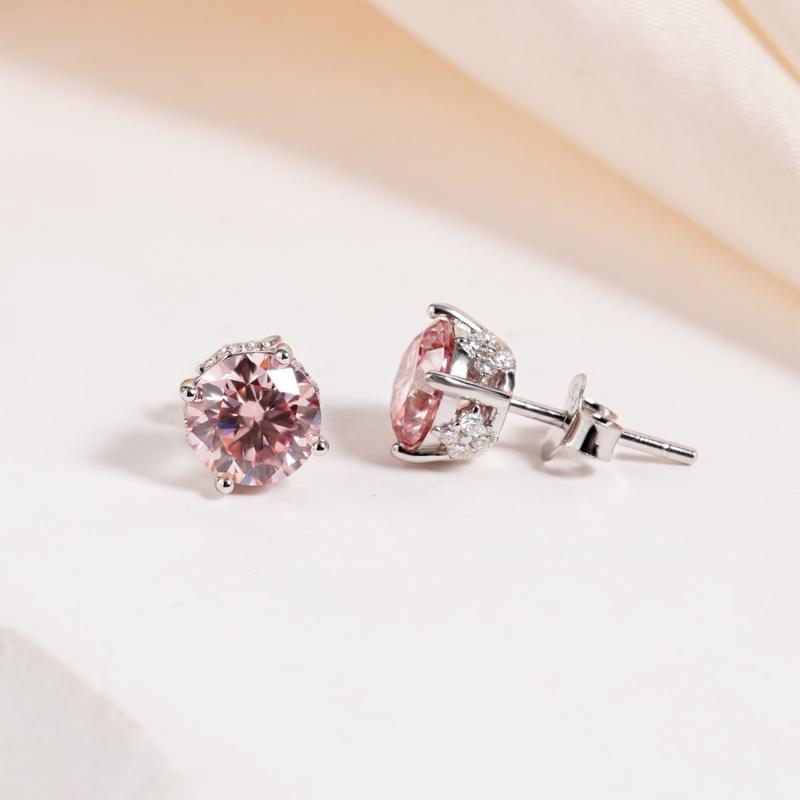【Celestial Rose Trio】Delzzad Pink Four-Prong Stud Earrings Necklace Ring Band Set Pink Synthetic Moissanite Set Copper Jewelry Set Perfect Birthday Engagement Wedding Anniversary Christmas Valentine's Day Gifts