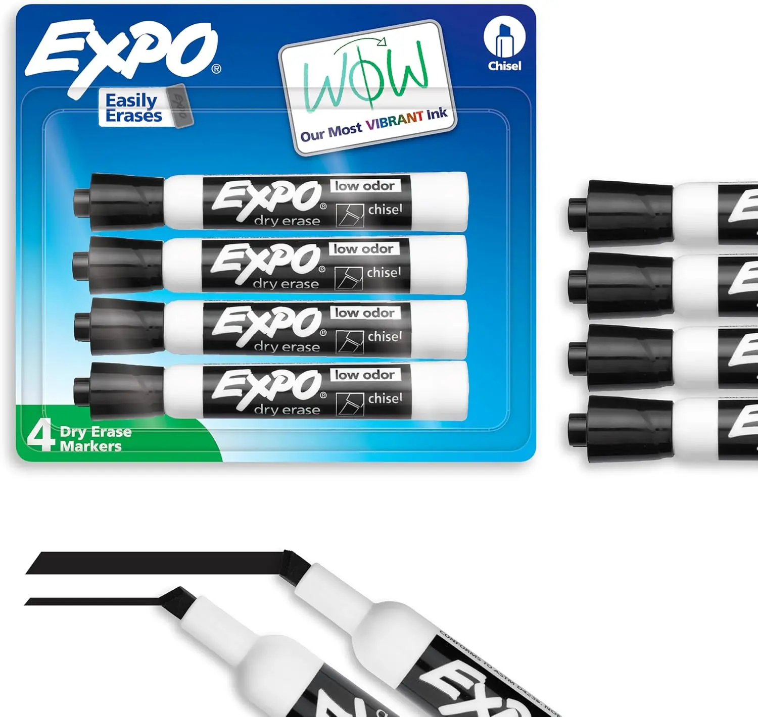 Chisel Tip Low Odor Black Ink Dry Erase Markers, 4-Count Quick Dry Whiteboard Pens for School/Office Organization Supplies