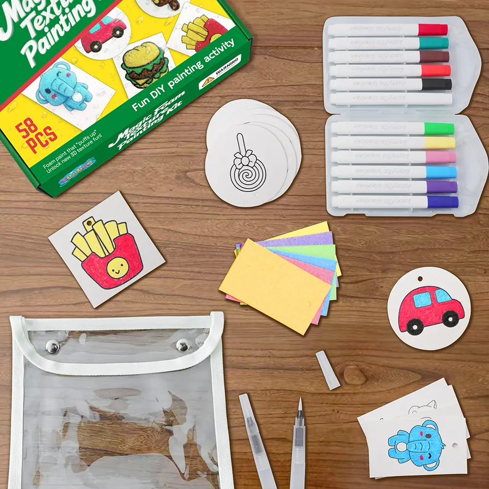 [SummerSale]Tibibee 58 Pcs Magic Foam Texture Painting Kit, Magic Puffy Paint Kit–32 Pcs Foam Texture Paper, 12 Acrylic Markers, Magical 3D Effect Texture DIY Painting Set, Great Gifts for Kids Ages 3–8