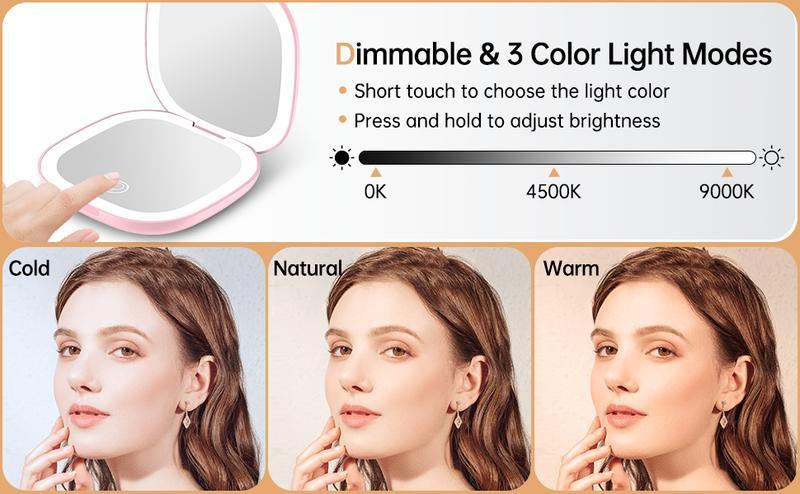 LED Compact Makeup Mirror, 4 Inches 1X/10XMagnification Travel Mirror with Light Dimmable DoubleSides Lighted USB Rechargeable Compact Mirror, TravelEssentials Magnifying, a great gift idea, perfect forgirls,Makeup touch-up products