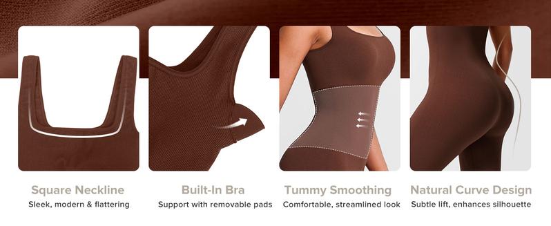 BRXL Built-in Bra Jumpsuit Stretch Sportswear Stylish Sportswear Women's Square Neck Ribbed Sleeveless Seamless Jumpsuit with Tummy Control Suitable for Casual Wear Fitness Yoga -1
