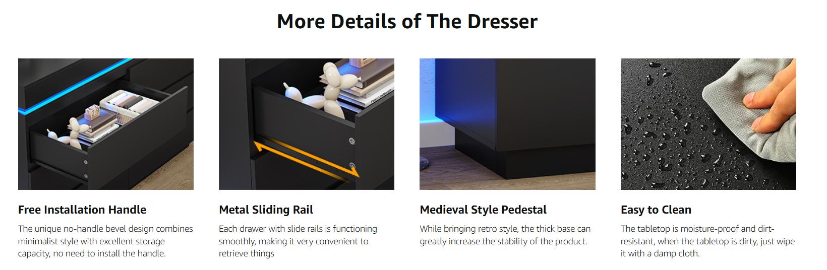 Sikaic Modern 6 Drawer Dresser with Sliding Desktop, Wide Chest of Drawers with Charging Station & LED Lights, Large Storage Tower Clothes Organizer, Black Dresser for Bedroom