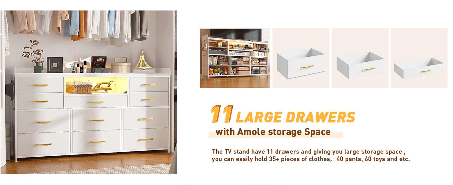 【LaborDaySale】Raybee 11 Drawers Dresser for Bedroom 31'' Height,Sturdy TV Stand with LED & power outlets & 4 hooks Drawerorganizer,Chest of Drawers,Storage Bin Cabinet Furniture
