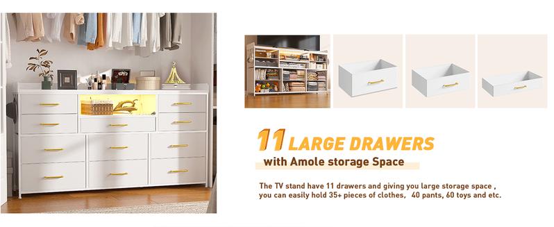 【LaborDaySale】Raybee 11 Drawers Dresser for Bedroom 31'' Height,Sturdy TV Stand with LED & power outlets & 4 hooks Drawerorganizer,Chest of Drawers,Storage Bin Cabinet Furniture