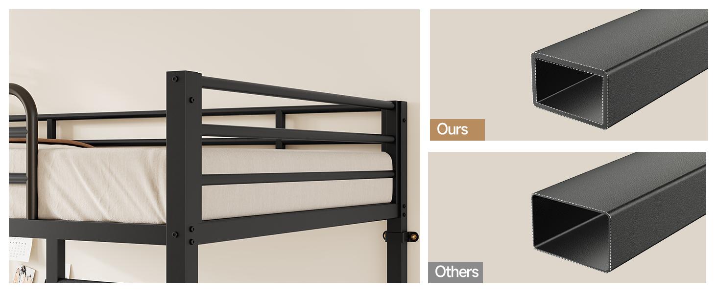 【SPOTLIGHT DAY】ONBRILL Bunk Bed Twin Over Twin, Bunk Beds with Power Desk & Outlet, Metal Bunkbeds Frame with Safety Guardrail & Ladders, Upper Bed with Storage Rack, Heavy-Duty