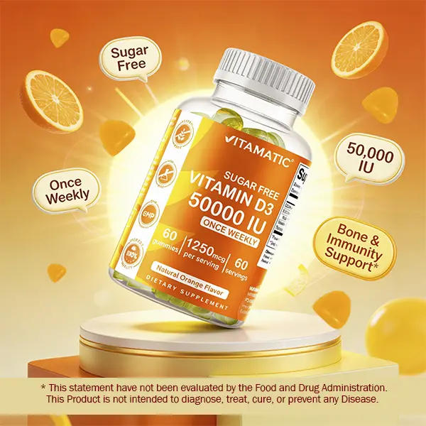 Vitamatic Sugar-Free Vitamin D3 50,000 IU Weekly Chewy Supplements - 60 Pectin-Based Gummies for Bone Health, Immunity Support, Calcium-Infused Nutrition & Muscle Care, Immunity Vitamins Supplements