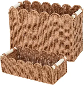 2-Pack Scalloped Wicker Baskets for Organizing, Woven Paper Rope Storage Bins with Handles, Toilet Paper Basket Decorative for Countertop, Shelf, Bathroom, Tank Top