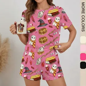 Two-Piece Set Women's Magic Theme Pajama , Owl & Spellbook Print, Soft Cotton Short Sleeve Top & Elastic Waist Shorts, Cute Cartoon Sleepwear Homewear for Summer