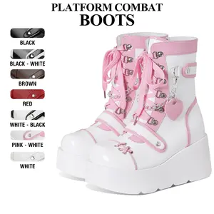 CYNLLIO Platform Ankle Boots for Women Goth Rave Boots Kawaii Shoes High Heel Round Toe Zipper Wedges Mid Calf Spring Boot