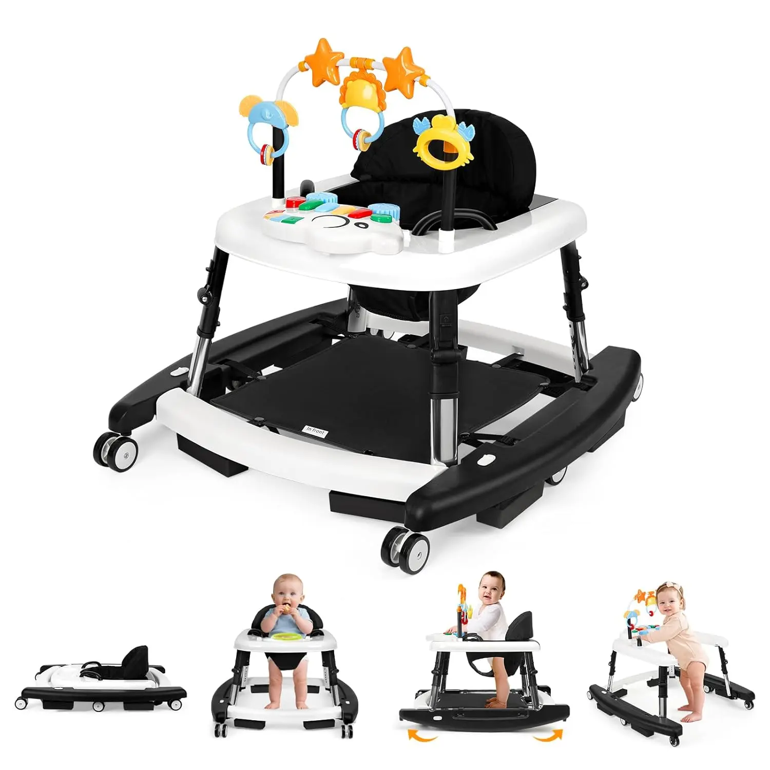 Baby Walker with 5 Adjustable Heights,Smart Baby Stepper Activity Walker,5-in-1  Baby Walker for 6-18 Months Infants, Foldable & Adjustable Activity Walker with Bouncer, Music, Feeding Tray & Removable Footrest for Boys & Girls,backtoschool
