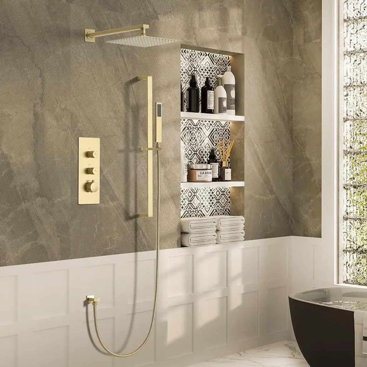CASAINC Thermostatic Shower System 10 Inch Brushed Gold Rainfall Shower Head with Handheld Wall Mounted Shower Kit