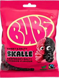 Swedish Bubs Raspberry Salty Licorice Mini Skulls - Swedish Candy - BUBS Raspberry Black Licorice Skulls - 90g Bag Salty Candy