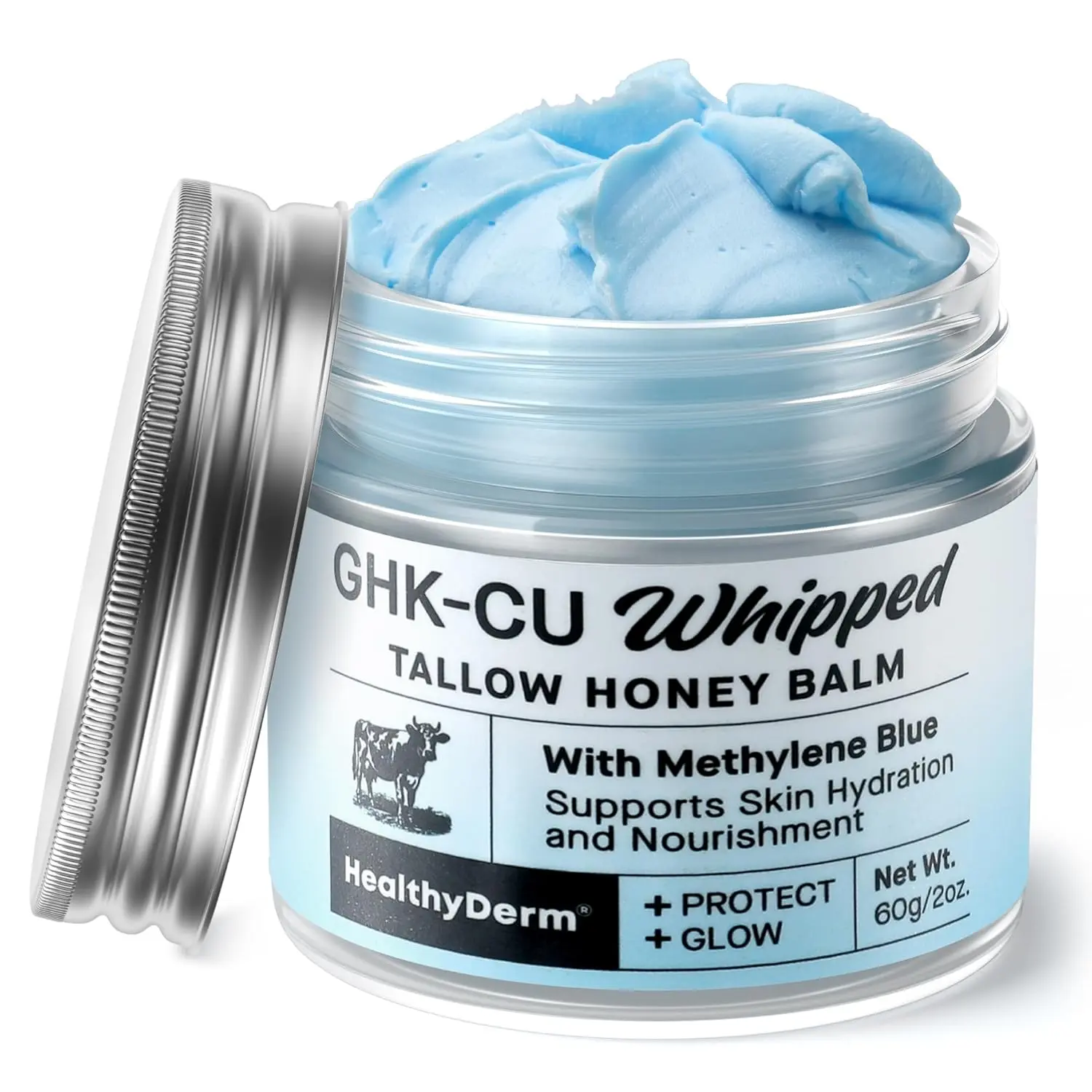 HealthyDerm GHK-CU Peptide Blue Balm with Beef Tallow & Methylene Blue - Firming Deep Hydration Moisturizer for Face & Body, Gentle on Mature, Dry & Sensitive Skin, 2 oz, Moisturizing, Hydrate, Gentle Hydrating Sensitive, Beef Tallow For Skin, Smooth Skin