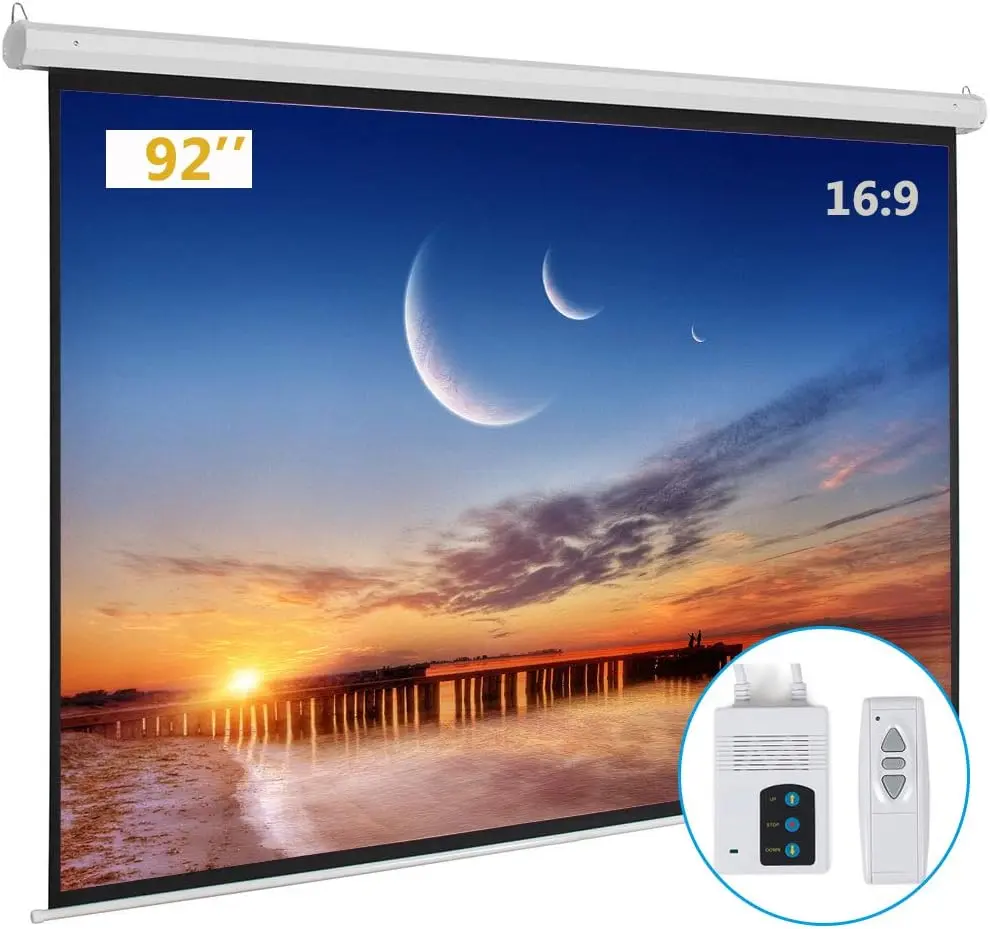 VINGLI Motorized Projector Screen with Remote Control, 92in 16:9 (80"x45") Smooth Matte Surface, Wrinkle-Free, Dent-Free, Even Light Spread, for Home Use, Office Classroom, Classroom Training