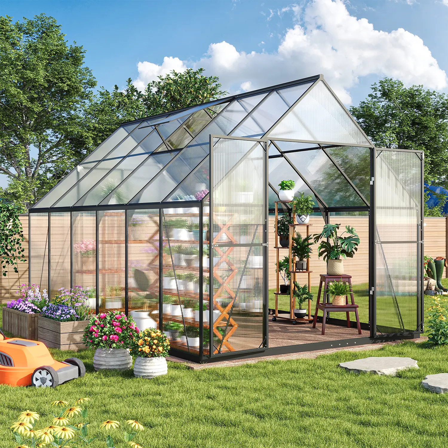 Aoxun Adjustable Heavy-Duty Greenhouse Kit (4x6 FT/12x8 FT, Black) - Anti-Collapse Design, Sturdy Aluminum Alloy Frame, UV-Blocked Polycarbonate Panels, Vented Roof, Ground Nails, Lockable Door, Quick Setup for Garden Backyard Enclosure, Assembly Required