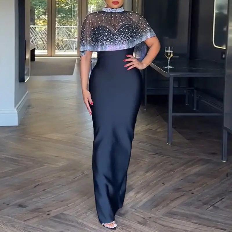 CHICME 2 Pieces Outfit Zipper Back Slit Slim Fit Strapless Maxi Dress and Rhinestone & Pearls Decor High Neck Zipper Back Sheer Mesh Poncho Cape for Wedding Guest & Wedding