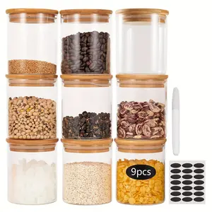 500ml, 17 ounces, 9 pieces with covered pasta glass storage jars, including note paper, note pens, sealed kitchen food cans, transparent cylindrical storage sealed containers, suitable for canned grains, noodles, seasonings, candies, etc. Good gifts