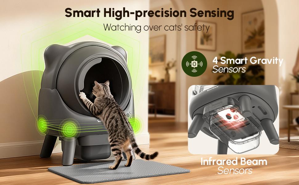 Automatic Litter Box, Self Cleaning Litter Box, Cat Litter Robot for Multiple Cats, Smart Automatic Cat Litter Box，with Smart APP Control and Health Monitoring, Safety Sensors, with Trash Bags, Grey，White & Grey