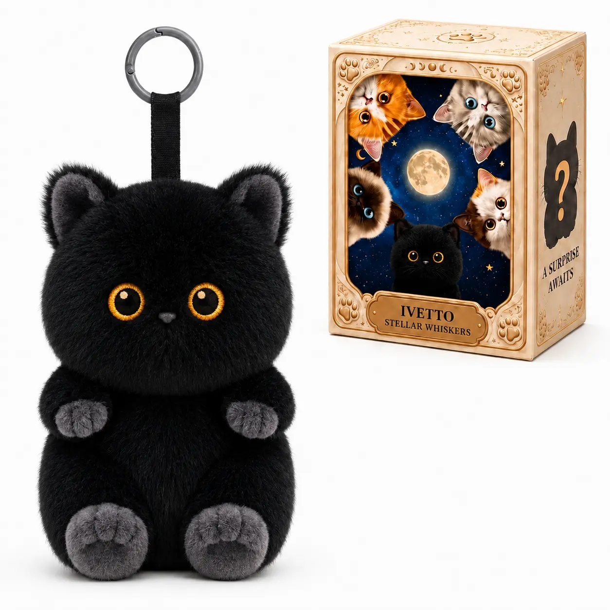 IVETTO Mystic Galaxy Kittens Series Plush Keychain Blind Box, 5.9" Plush Fabric Bag Charm with Vinyl Face, Secret Black Kitten Chance, Backpack & Purse Collectible (Random 1 Box), Oddities Home Decor