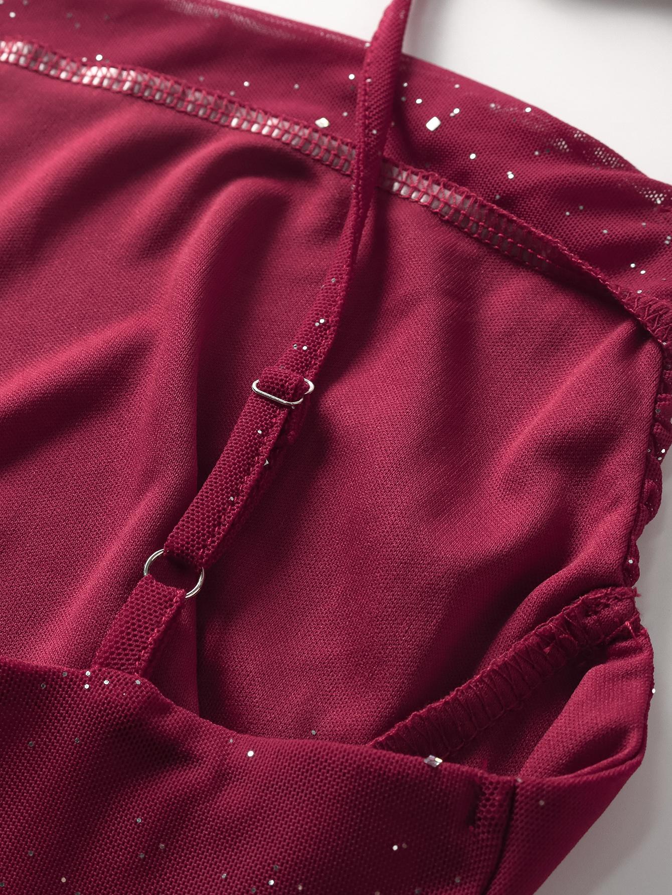 Backless Halter Trumpet Sleeve Split Thigh Ruched Sequin Back Tie Mesh Dress, for Party Fashionable Evening Dating Dress Backless Halter Trumpet Sleeve Split Thigh Ruched Sequin Back Tie Mesh Dress, for Party Fashionable Evening Dating Dress