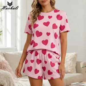 Women's Pink Heart Pajamas Set, Casual Fitted Sleepwear Set, Short Sleeve Crew Neck T-Shirts & Elastic Shorts, All-Season Ladies Loungewear