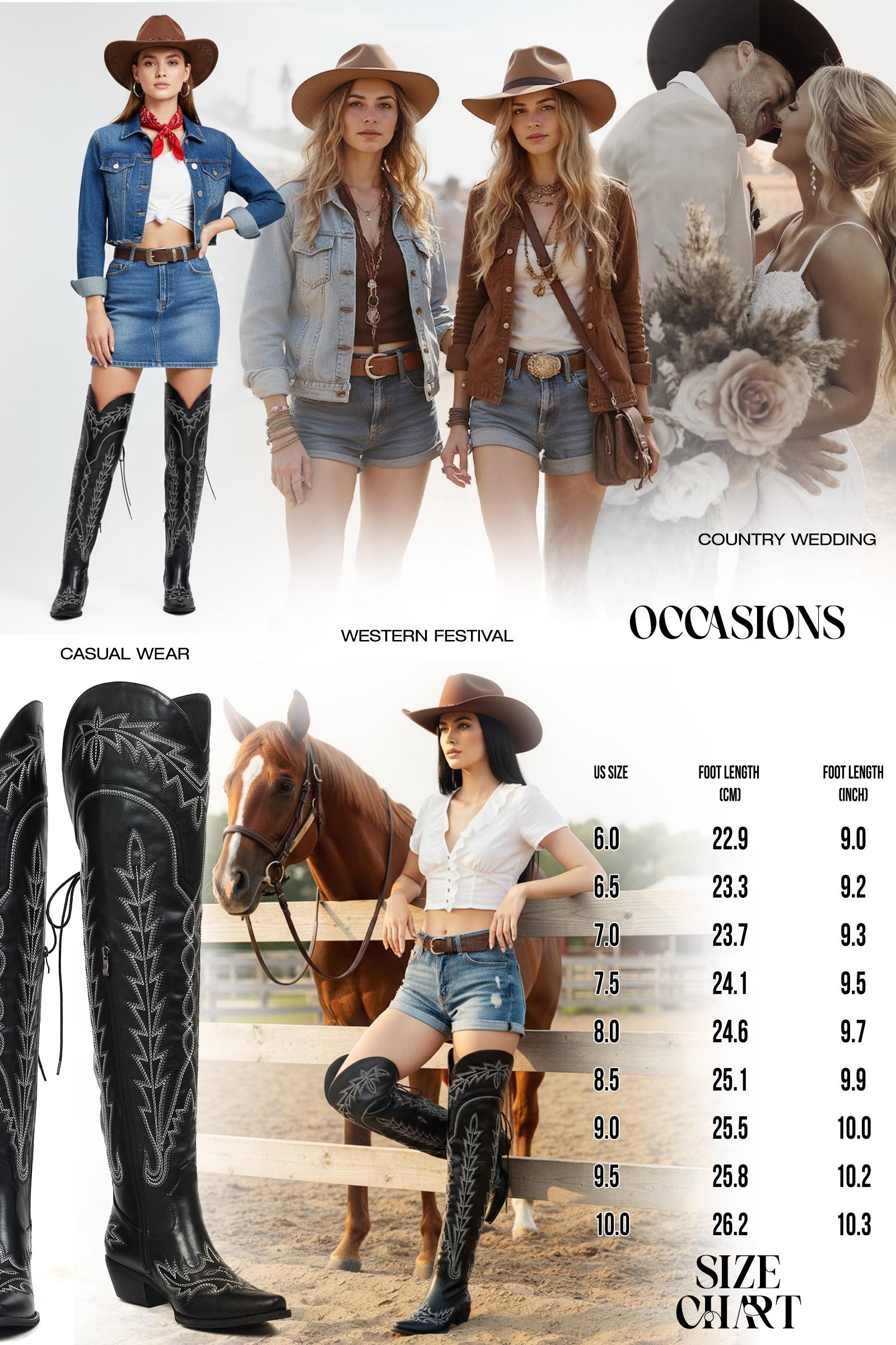 CELNEPHO Women Cowboy Boots Pointed Toe Back Lace up Western Embroidered Booties Block Heel Over the Knee Boots Easy Pull on Side Zipper Gift Horse Riding Country Cowgirl Cosplay Party Dress Shoes