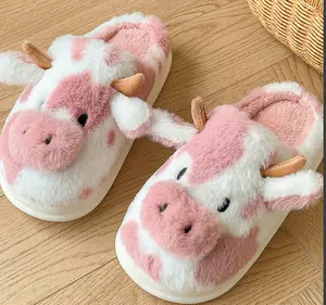 Fuzzy Cute Cow Womens Sandals for Women Men, Cute Cotton Animals House Shoes Fluffy Plush Slippers for Girls Indoor Living Room Bedroom
