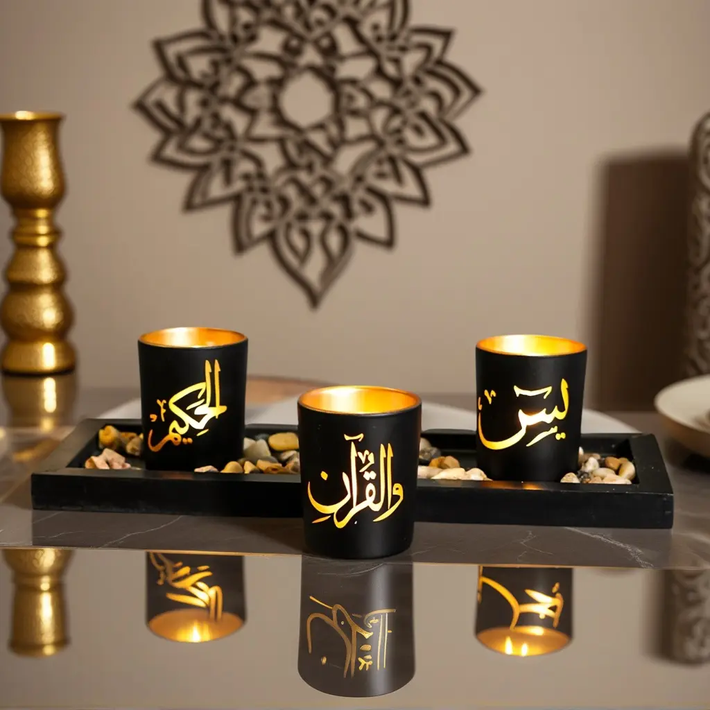 1 Set of 3pc Islamic Style Candle Holders, Vintage Black and Gold Indoor Decor Candle Holders, Indoor Shelf Display Cabinet Atmosphere Decor, Ramadan Blessing Candles Holder, Eid Decoration Candle Holder Ornament, Vintage Candle Stand
