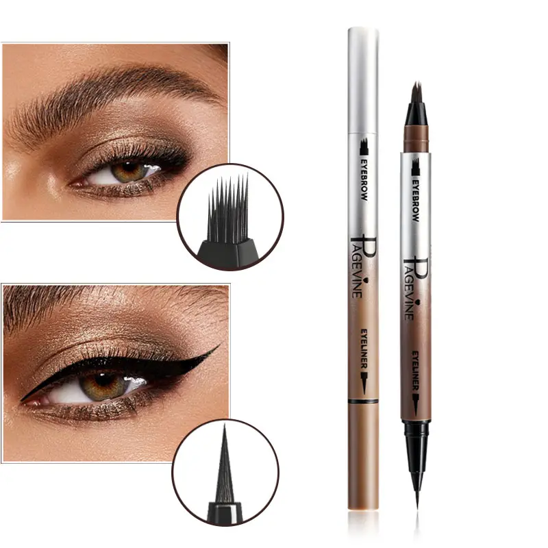 2 in 1 Eyebrow Pencil and Eyeliner Pen Makeup Tool, Multi Prong Brow Pencil for Natural Hair Stroke Effect and Fine Tip Eye Liner for Defined Looks, Easy Control Beauty Tool for Beginners, Daily Office Makeup, College Students and Quick Morning Routine