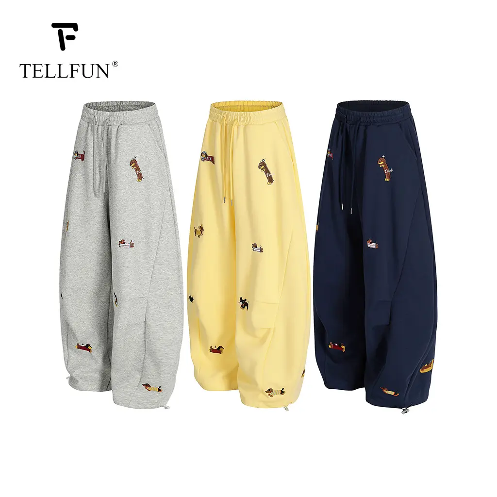 TELLFUN Men's Unisex Dog Embroidery Casual Comfy Joggers, Loose