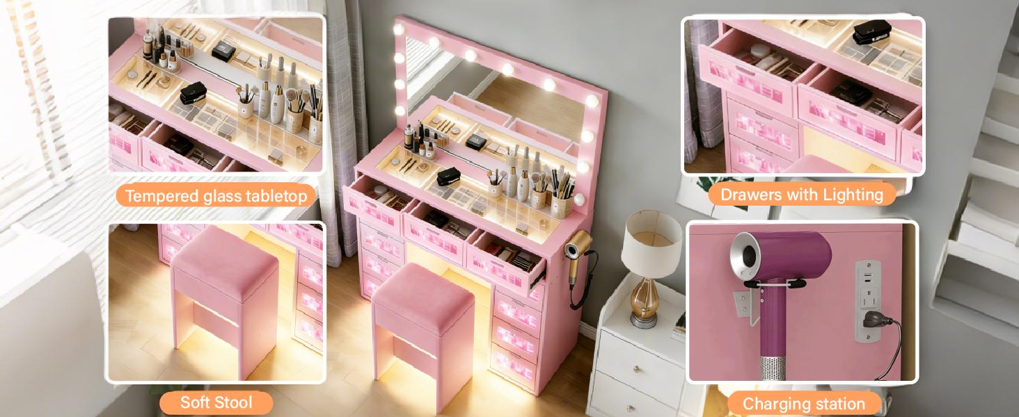 Vanity Desk with Makeup Mirror, featuring 11 LED lights with 3 adjustable brightness settings, ideal for bedrooms and walk-in closets; white vanity furniture