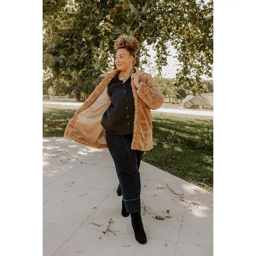 Uptown Charm Faux Fur Coat in Camel Curves