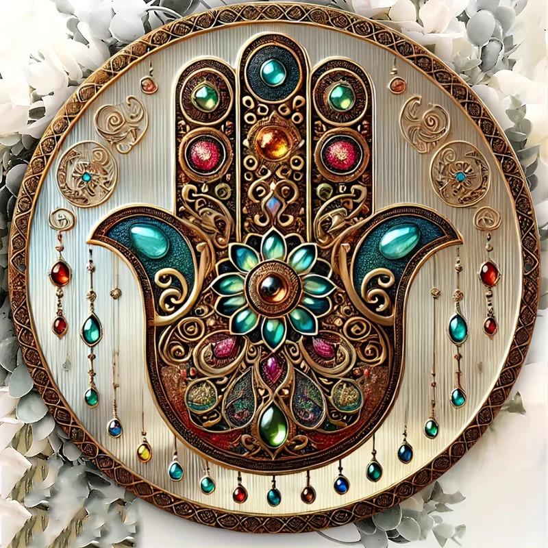 Support customization based on provided images Bohemian Religious Gem Hand Aluminum Sign - Multifunctional Round Decor, Perfect for Home, Garden, Porch & Living Room Wall Art