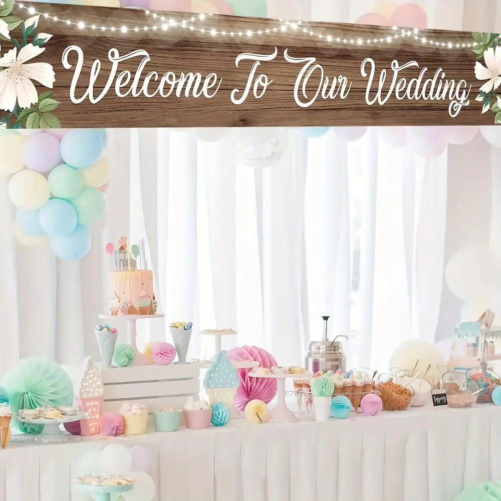 2D Flat Cloth Wedding Welcome Sign Banner - Rustic Wood Grain Background, Warm String Lights, Elegant White Flower Decor, Photography Backdrop for Wedding Party, Reception Photo Booth