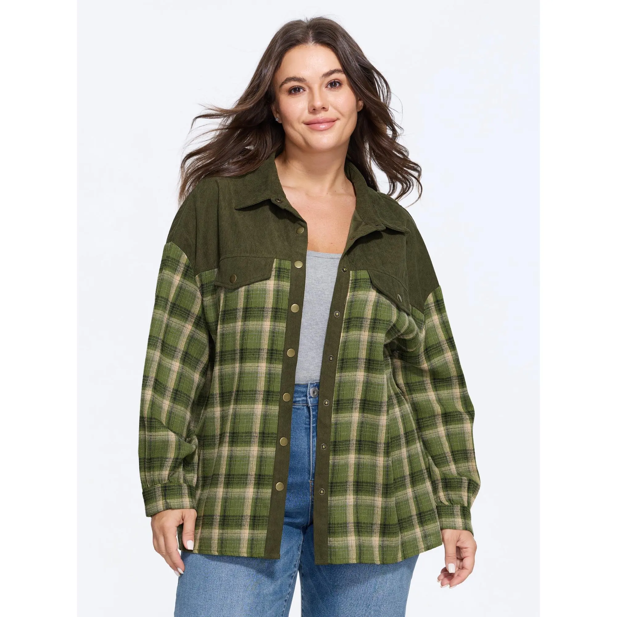 BloomChic Plaid Corduroy Patchwork Button Down Jacket 【M-6XL】