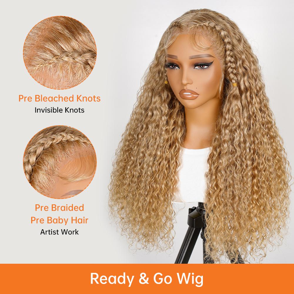 [Clearance Sale] Wiggins Hair #27 Honey Blonde Pre Braided Water Wave Wig 13x4 Lace Frontal Wig Human Hair Stylist Wig Ready To Go Glueless Pre Cut Lace Pre Plucked