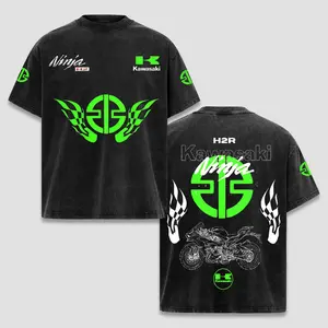 Retro Kawasaki Ninja H2 Racing Acid Washed T-Shirt, Motor World Champion Enthusiast, Apparel Streetwear Racing Team, Energy Drink Motorcycle Clothing, Motobike Riders Supermotor Off-Road Dirt Bike Fan Gear Cotton For Motor Fan