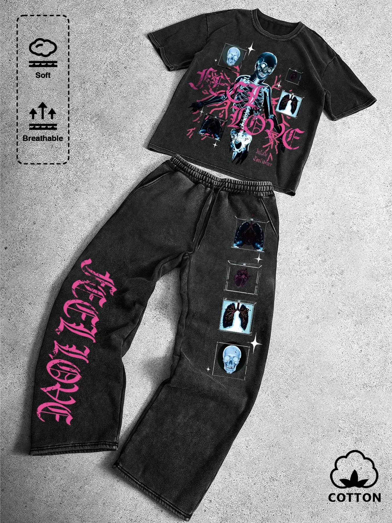 Washed Black Skeleton Graphic Two-Piece Set: Soft & Breathable Cotton Oversized Short T-Shirt + Baggy Pants, Y2K Grunge Vintage Aesthetic Outfit for Daily Streetwear & Music Festival Looks Clothes Top