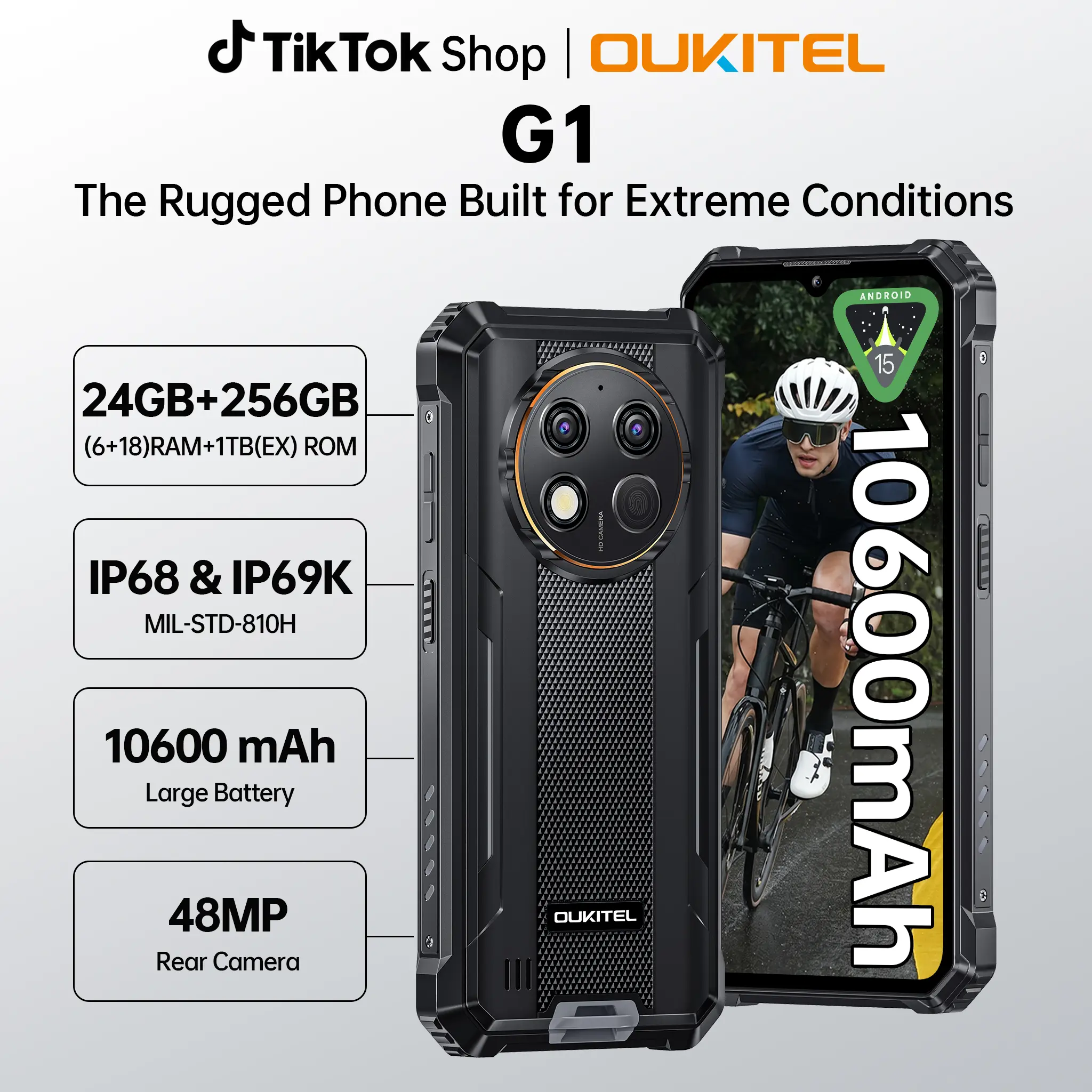 OUKITEL G1 Rugged Smartphone Unlocked, 24GB RAM + 256GB ROM (1TB Expandable), 10600mAh Battery, IP68/IP69K Waterproof Phone, 48MP Camera, 6.52'' HD Display, NFC, Dual SIM, Android 14，T-Mobile