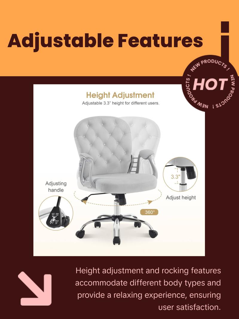 BarberPub Comfy Nail Art Chair with Lumbar Support Adjustable Home Office Chairs with 360° Swivel Wheels 3567 Pink Grey Velvet Fabric Ergonomic Design for Manicurists & Clients