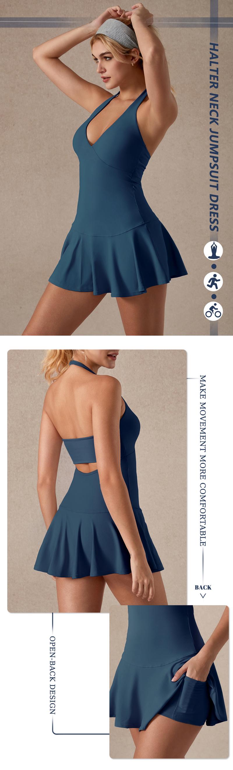 TimeOFF Women's Halter Backless Sporty Dress , Hidden Pockets, Soft Stretch , Ideal for Yoga, Tennis , Gym Workoutdress Activewear