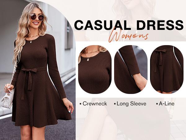 Women's Long Sleeve Dress Crewneck Pullover Sweaters A-Line Casual Swing Dress Bodycon Dress with Belt Thick Suitable for Fall and Winter