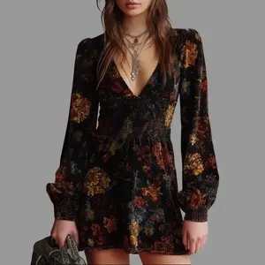 Women's Deep V Floral Print Pleated High Waist Ruffle Long Sleeve Mini Dress,Elegant Cocktail & Holiday Party Dress