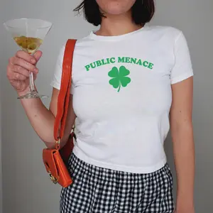St Patrick's Day Baby Tee Public Menace Beer Shirt St Paddys Day Top Kiss Me Im Irish Y2k Style Saint Patty Parade Sorority Tee