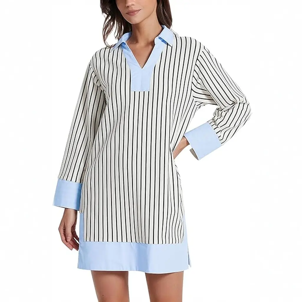 Kedera Women's Summer Striped Dress Long Sleeve V Neck Collared Shirt Mini Dresses Trendy with Side Slit