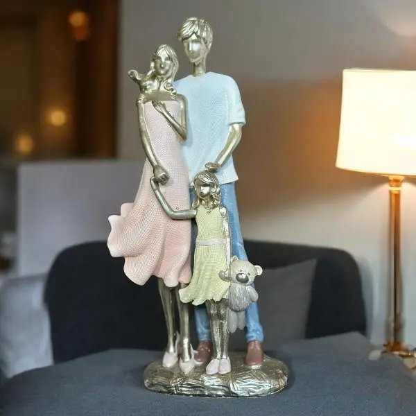 Decorative 3-Person Family Resin Figurines - Parents, Kid & Teddy Bear Statues, Tabletop Home Decor, Daughter & Family Gifts, Bedroom-Living Room Ornament