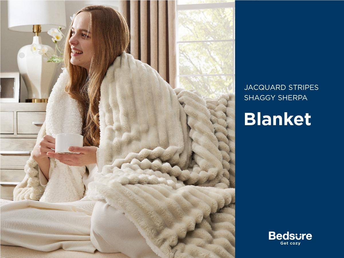 【Spring Glow Up】Bedsure Striped Sherpa Blanket Super Soft Cozy Plush Fleece Flannel Solid  Modern Lightweight Comforter