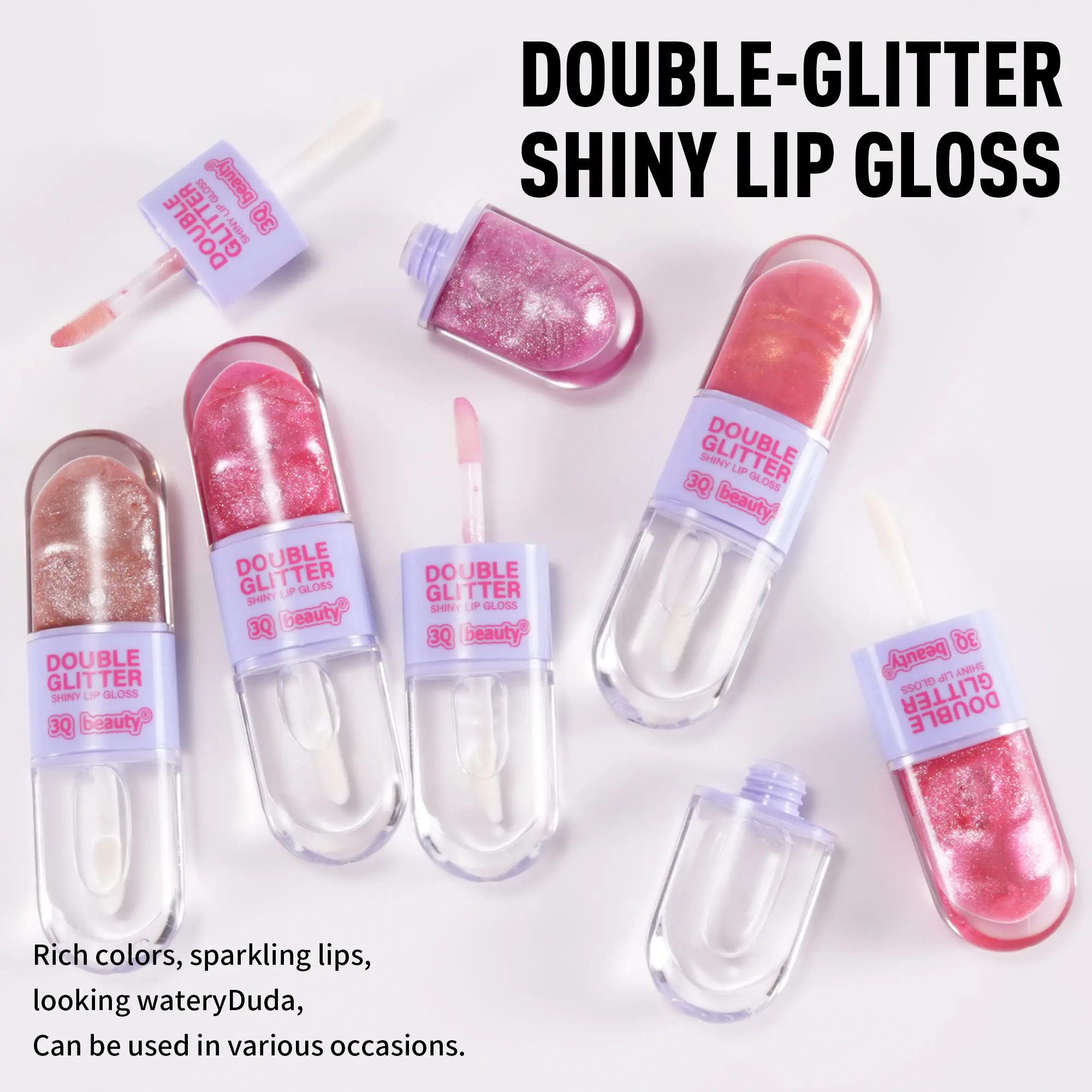Women's 6-Color 3Q Beauty Double Glitter Lip Gloss Set - Cosmetic Makeup Kit, Hydrate & Glaze, Glossy, Hydrating, Plumping, Non-Sticky, Long-Lasting, All Skin Types