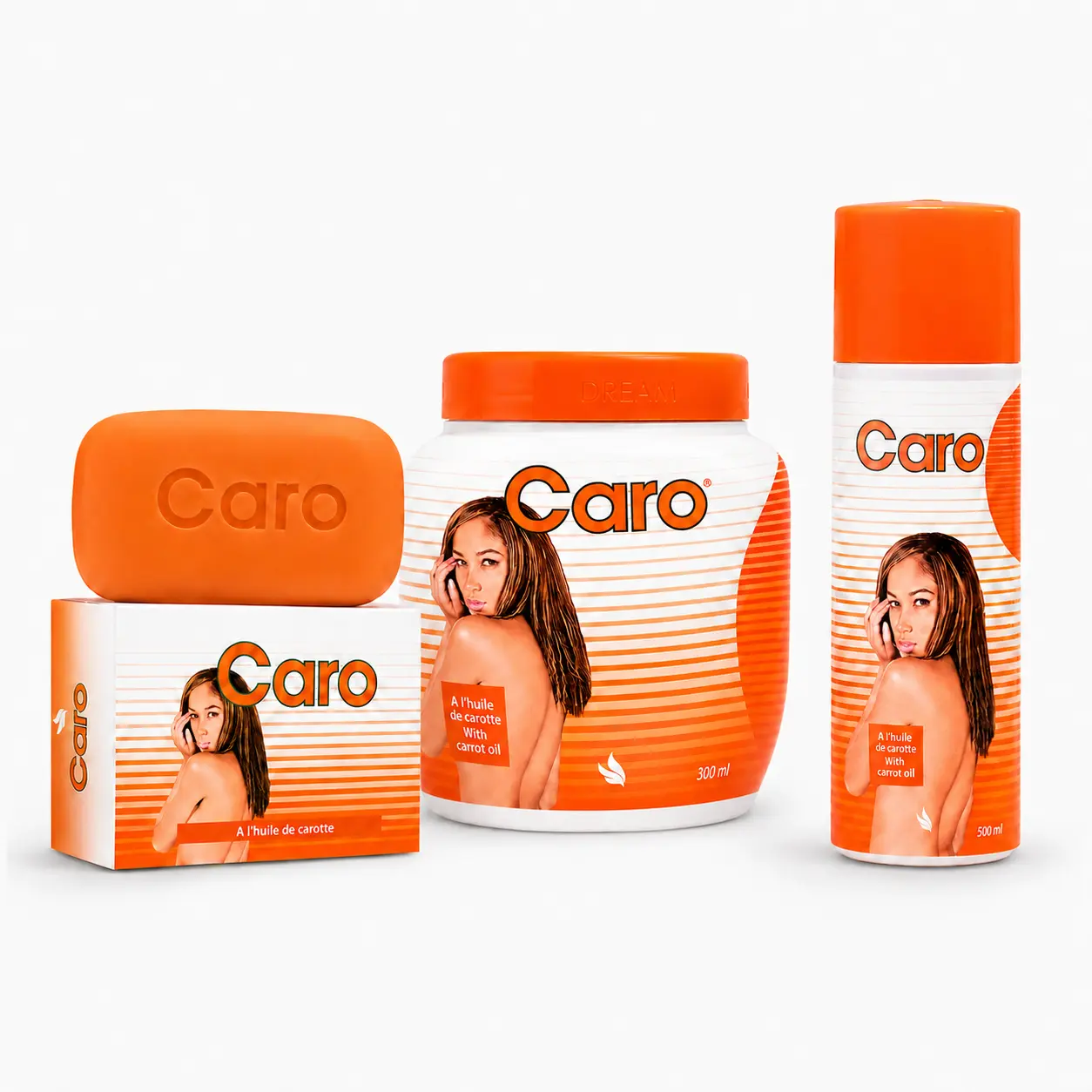 Caro 3-Piece Carrot Oil Skincare Set Body Cream Lotion Soap Bar Bundle