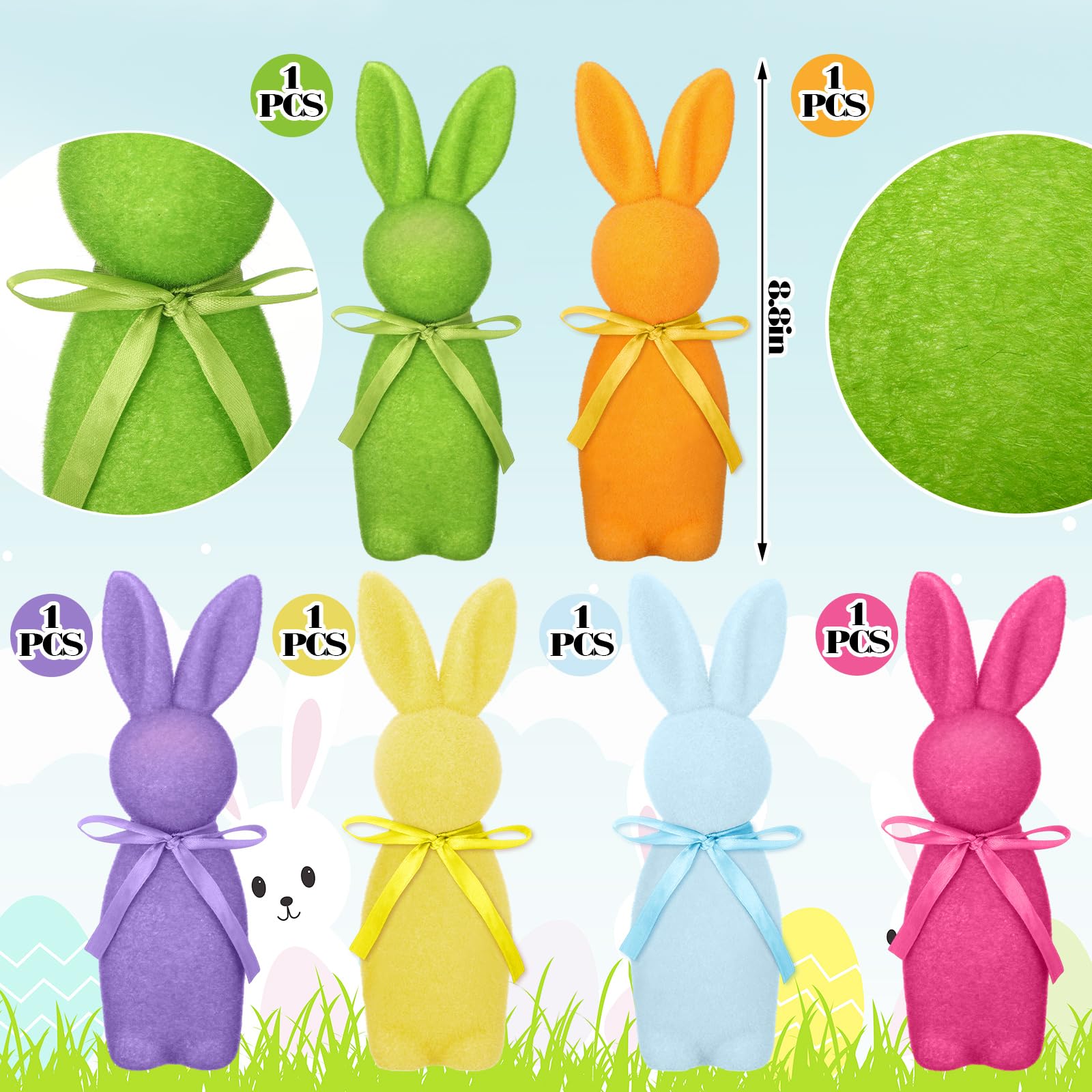 Pastel Flocked Easter Bunny Figurines - 7/6/4 Pcs Cute Velvet Rabbit Statues Set with Bow Ties, Adorable Easter Decor 2026 Bunny in Multiple Sizes & Poses for Tiered Tray Decor Spring Table Centerpiece Shelf Mantel Display Home Party Gifts Basket Stuffers